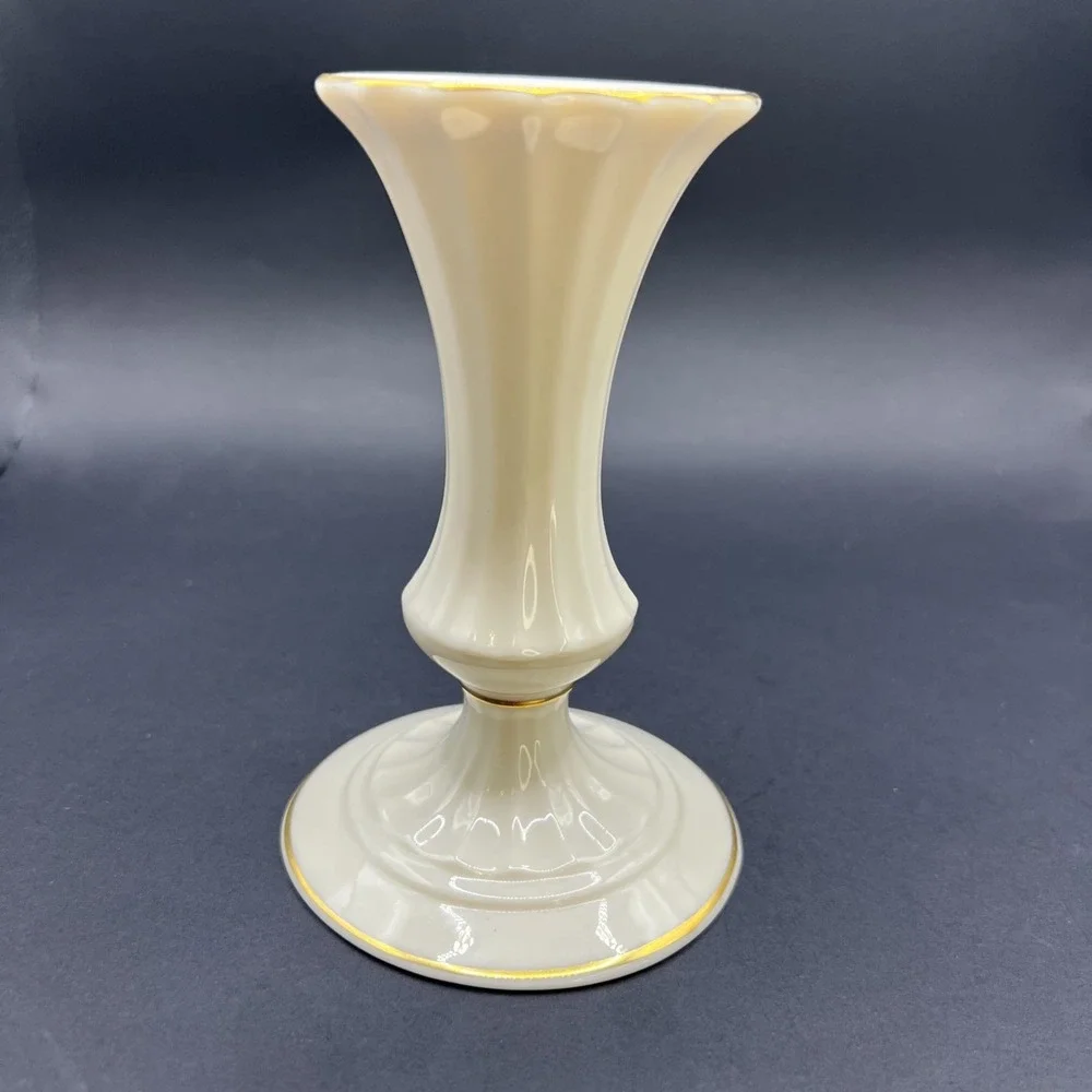 VTG Lenox‎ Classic Collection Fluted Candlestick Bone China Cream Gold Trim USA